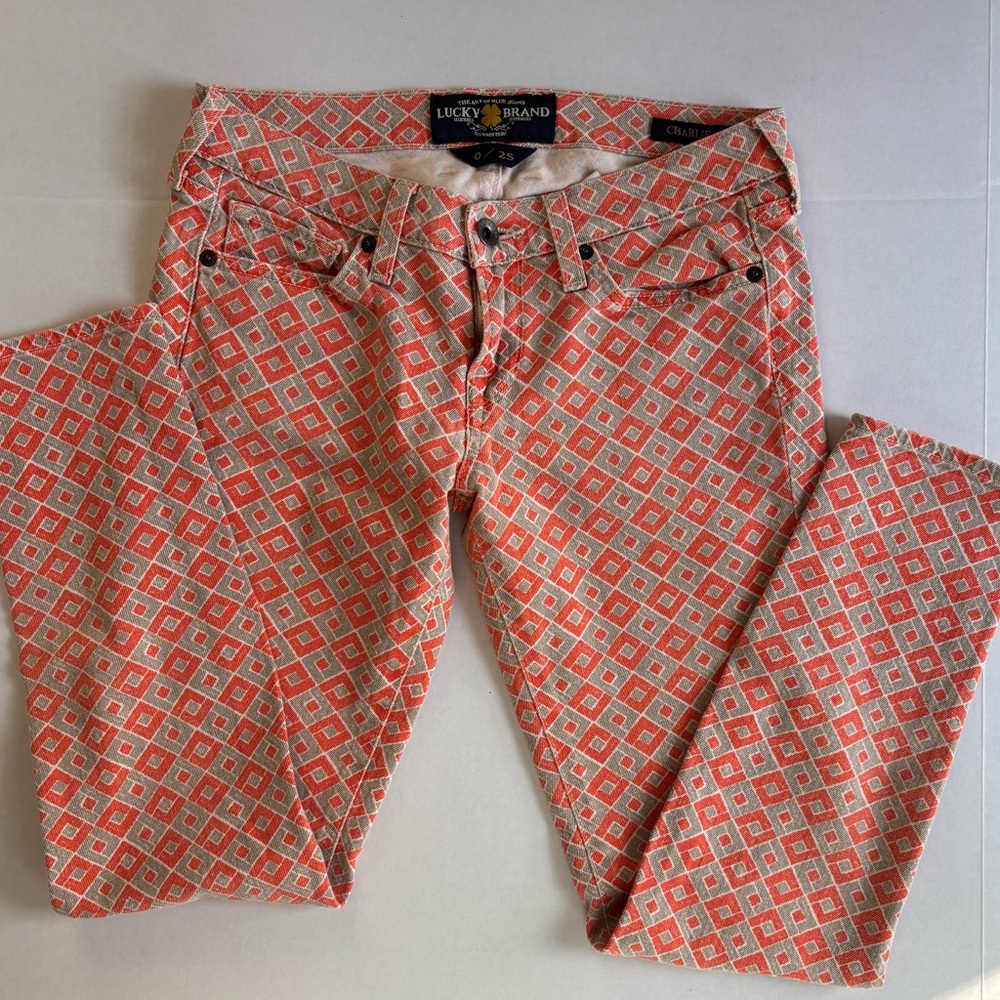 Lucky Brand Women's SZ. 0 Orange tan geometric stretch capris ankle cropped pant